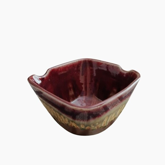 Paul Ray Pottery Square Bowl Hand Crafted Studio Art Seagrove NC Burgundy Beige - Picture 8 of 8